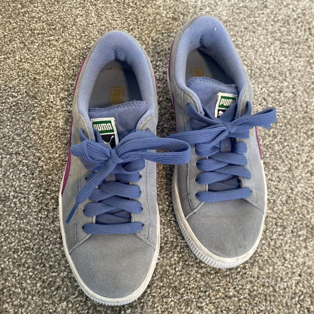 Puma Suede Grey Blue Purple‎ Sneakers Shoes School Kids Girls Youth Size 4 - Picture 5 of 8